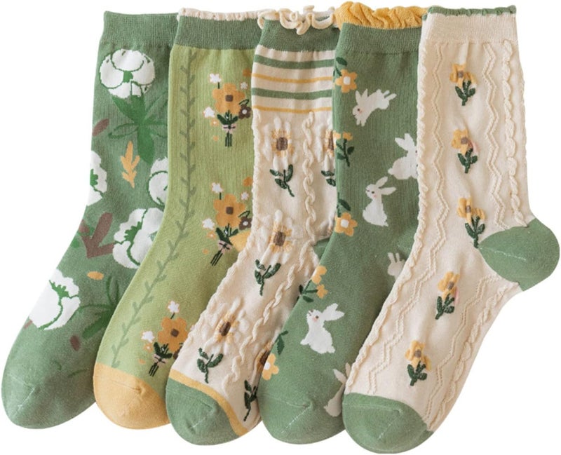 MarJunSep Cute Floral Crew Socks for Women Teen Girls Flower Cottagecore Frilly Vintage Fancy Cotton Socks - Image 1